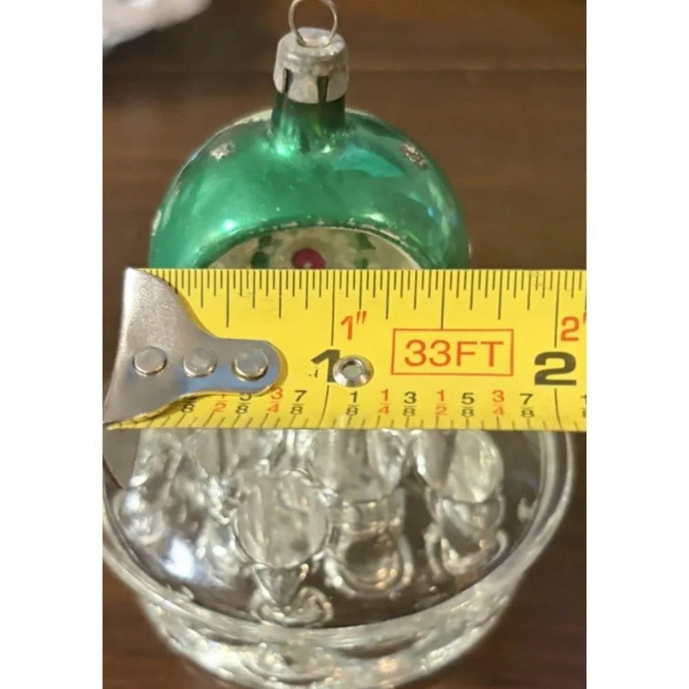 Vintage Japan Glass Indent Reflector Christmas Ornament Green Floral MCM 2